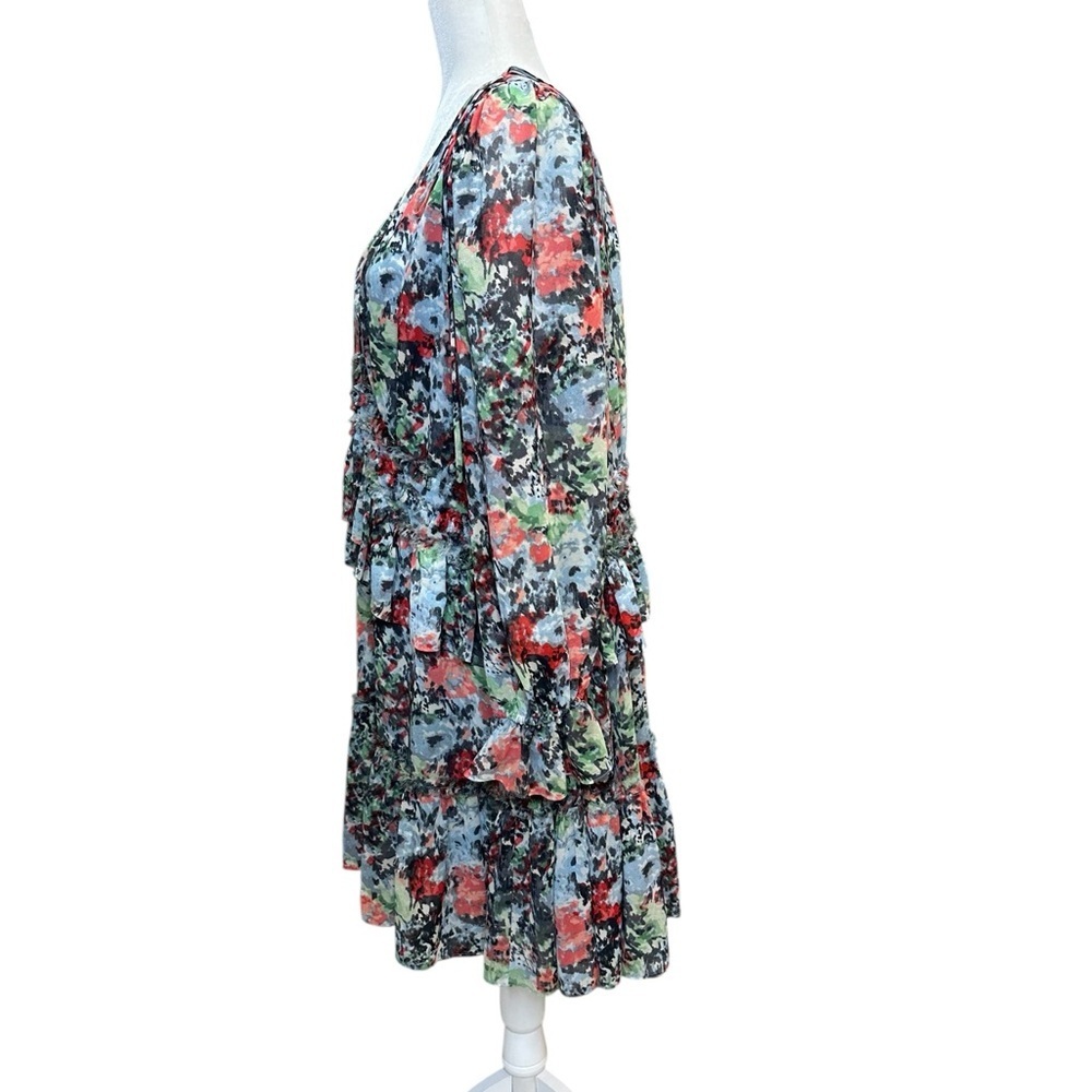 cinq a sept Floral V-Neck Tiered Long-Sleeve Dress in Black, Coral, Green, White - Picture 7 of 9